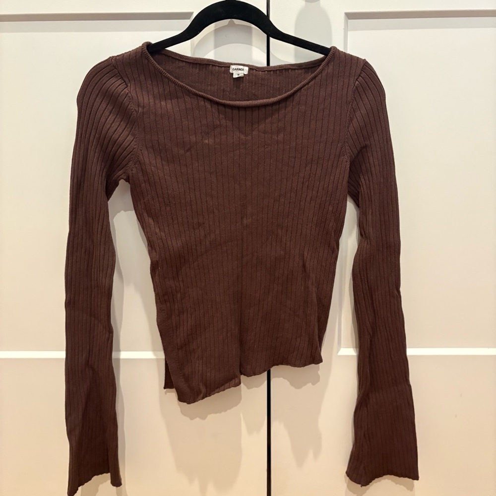 Garage Brown Asymmetrical Ribbed Long Sleeve Boat Neck Top